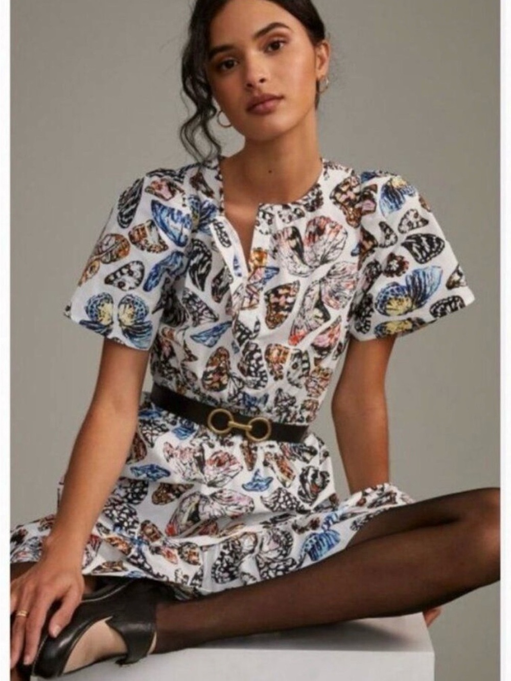Anthropologie White Butterfly-Print Mini Dress